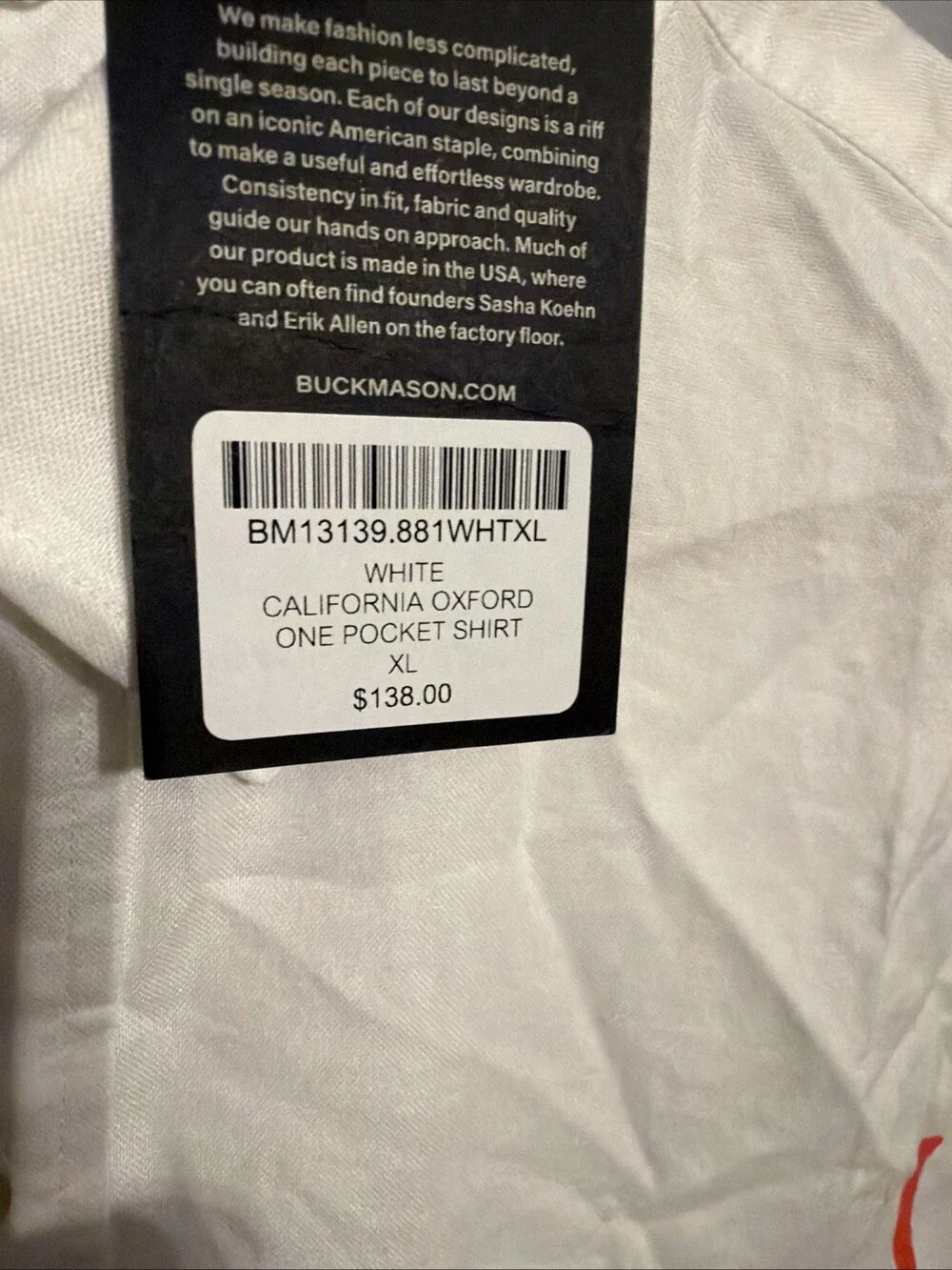 Buck Mason Men’s XL White California Oxford One Pocket Shirt